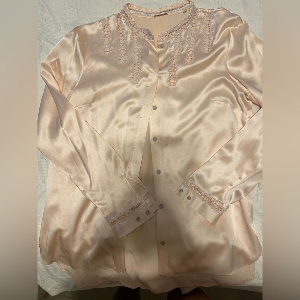 Elie Tahari Blush Satin Blouse with Lace Accents